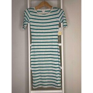 LuLaRoe Dress Womens XXS Gray Green Stripe T Shirt Stretch Short Sleeve Crew NEW